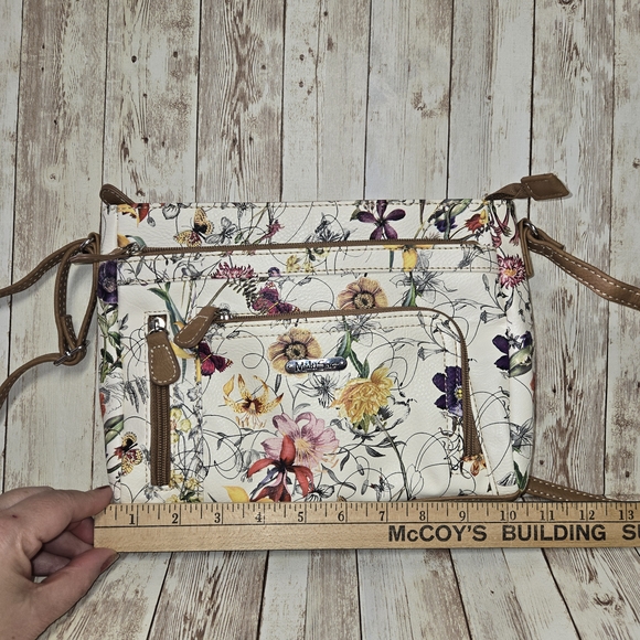 MultiSac Crossbody Purse Floral Butterfly Print Multiple Zip Pockets Cream EUC - Picture 12 of 13